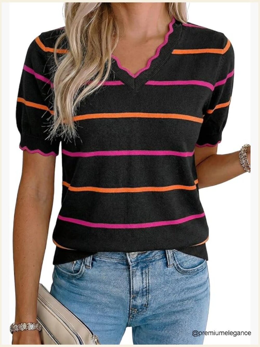 Short Sleeve V Neck Striped Knit Pullover Sweater Blouse